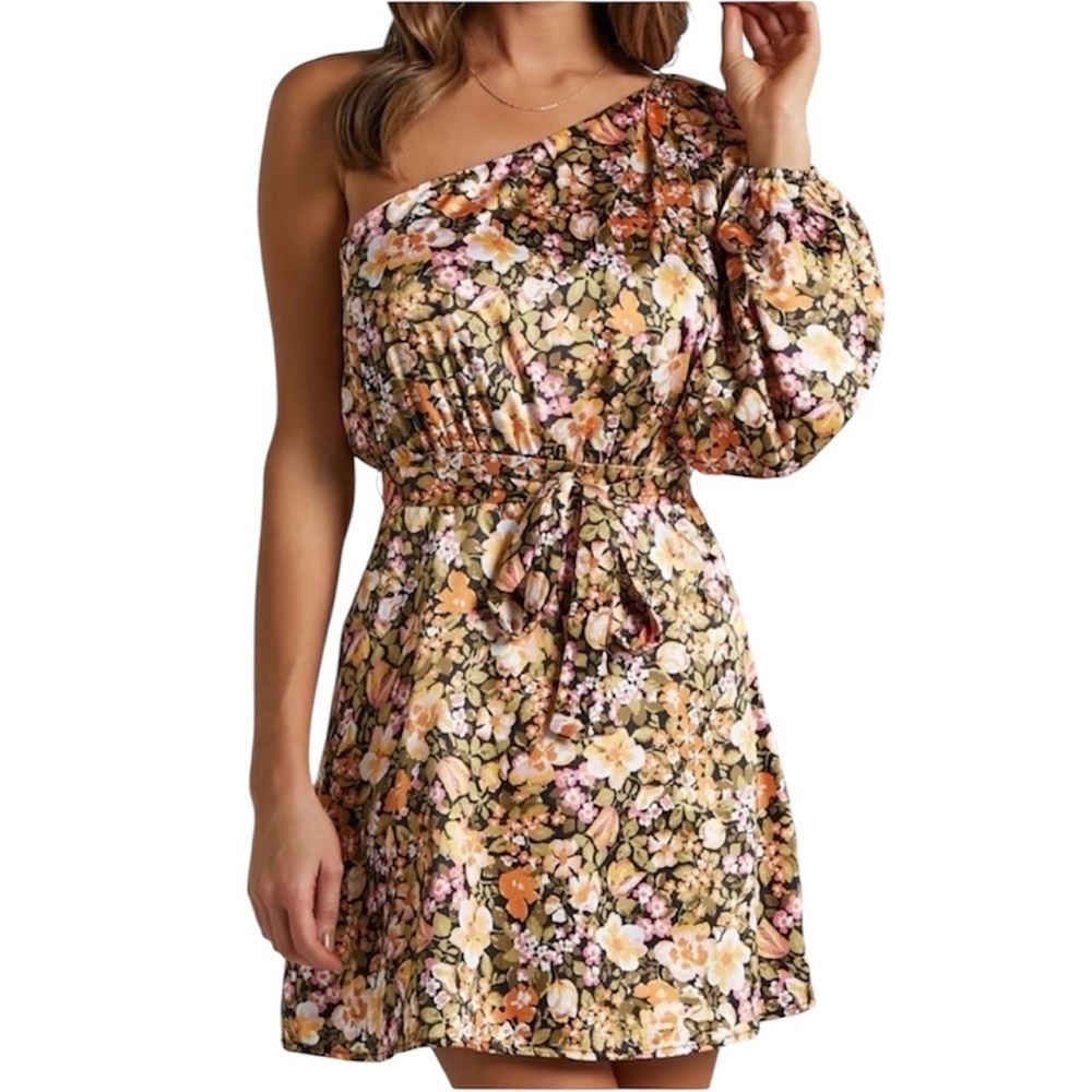 Showpo One-Shoulder Floral Tie-Waist Mini Dress | Size 4